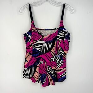 Maxine of Hollywood Womens Size 14 Tankini Swim Suit Top Pink Blue Black Leafy